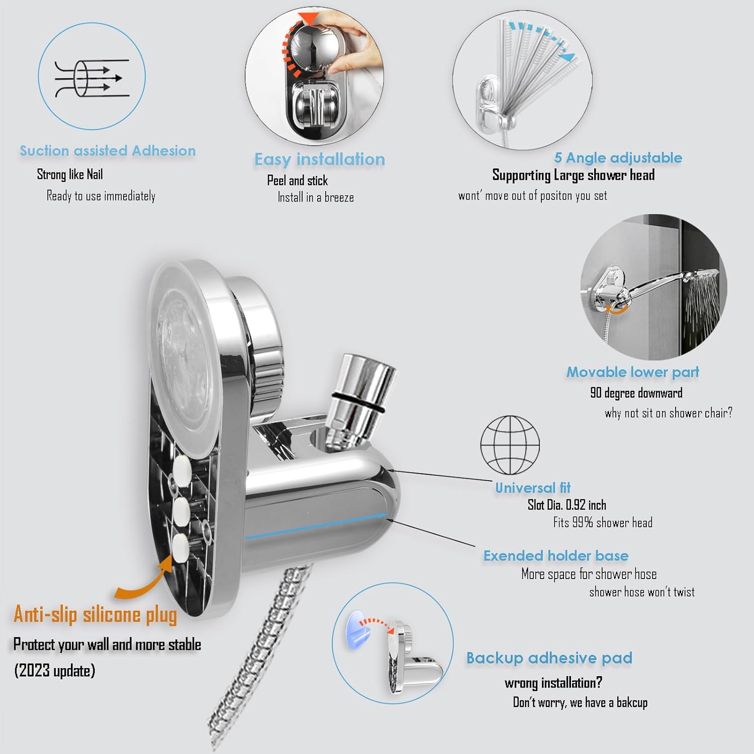 RIVOODS Adjustable Shower Head Holder with 90 Downward