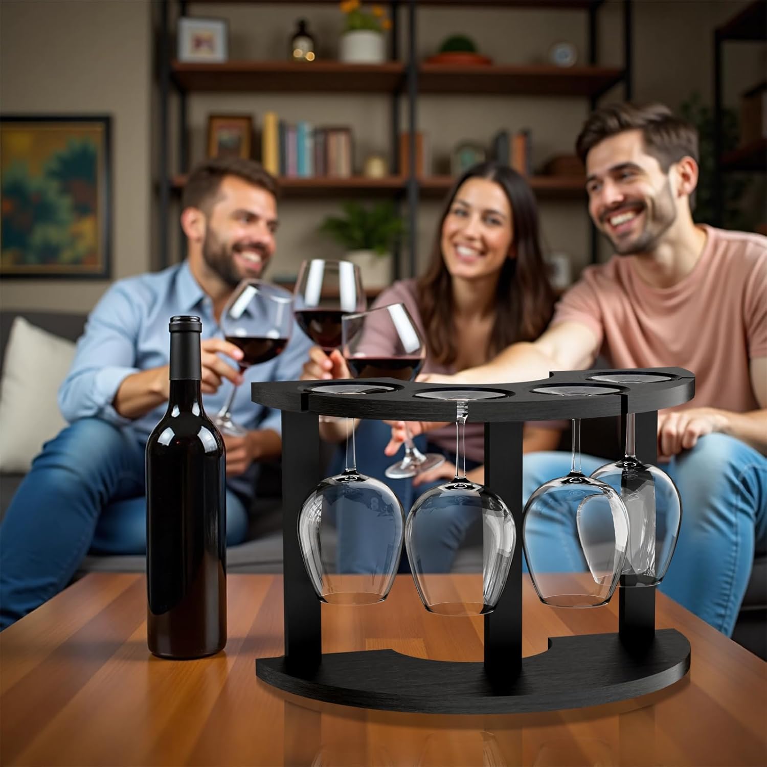 Lacinoeo Wood Wine Glass Rack for 4 Glasses Black 1