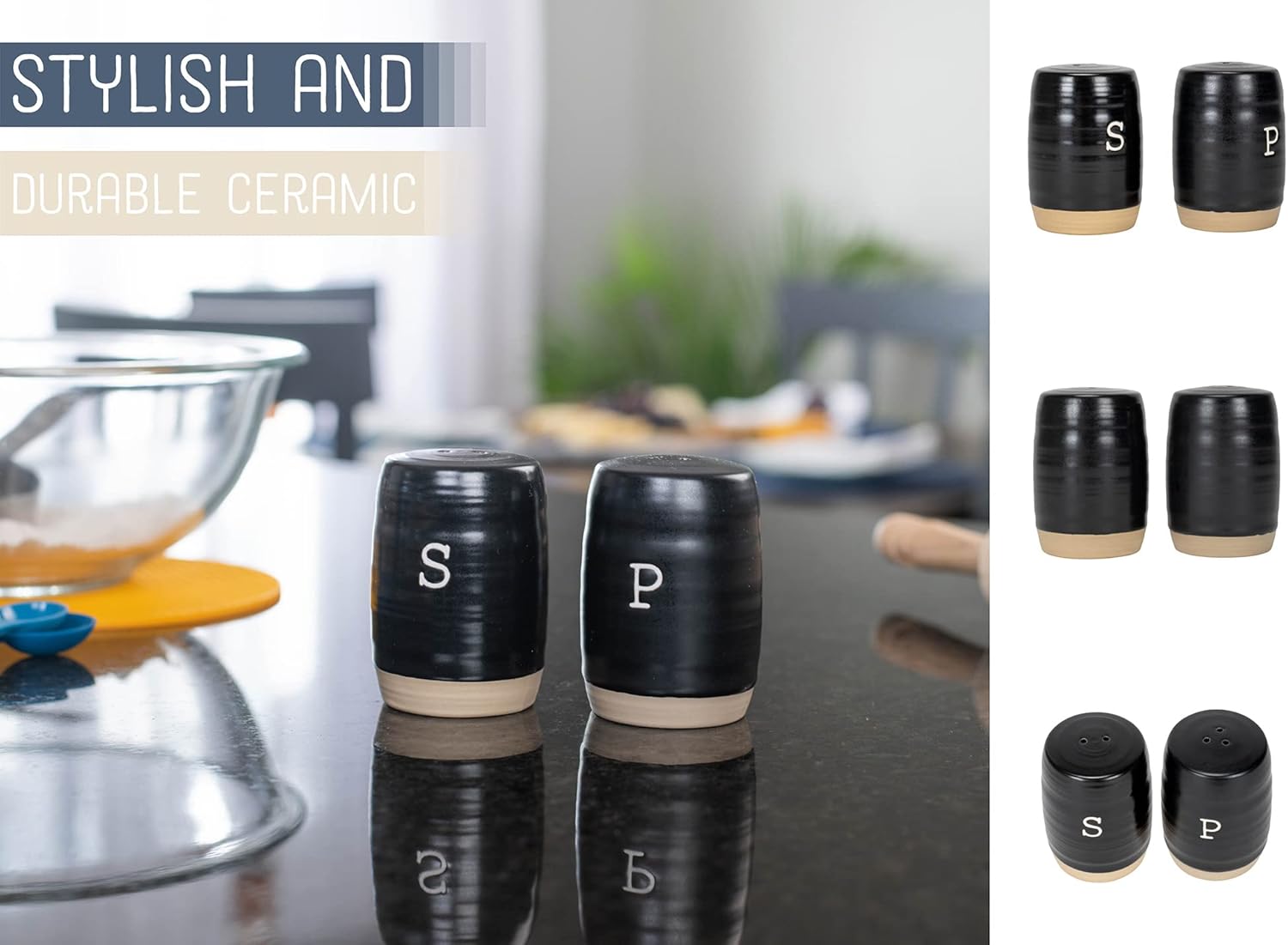 Nat Jules Raw Bottom Black Ceramic Salt Pepper Shaker Set