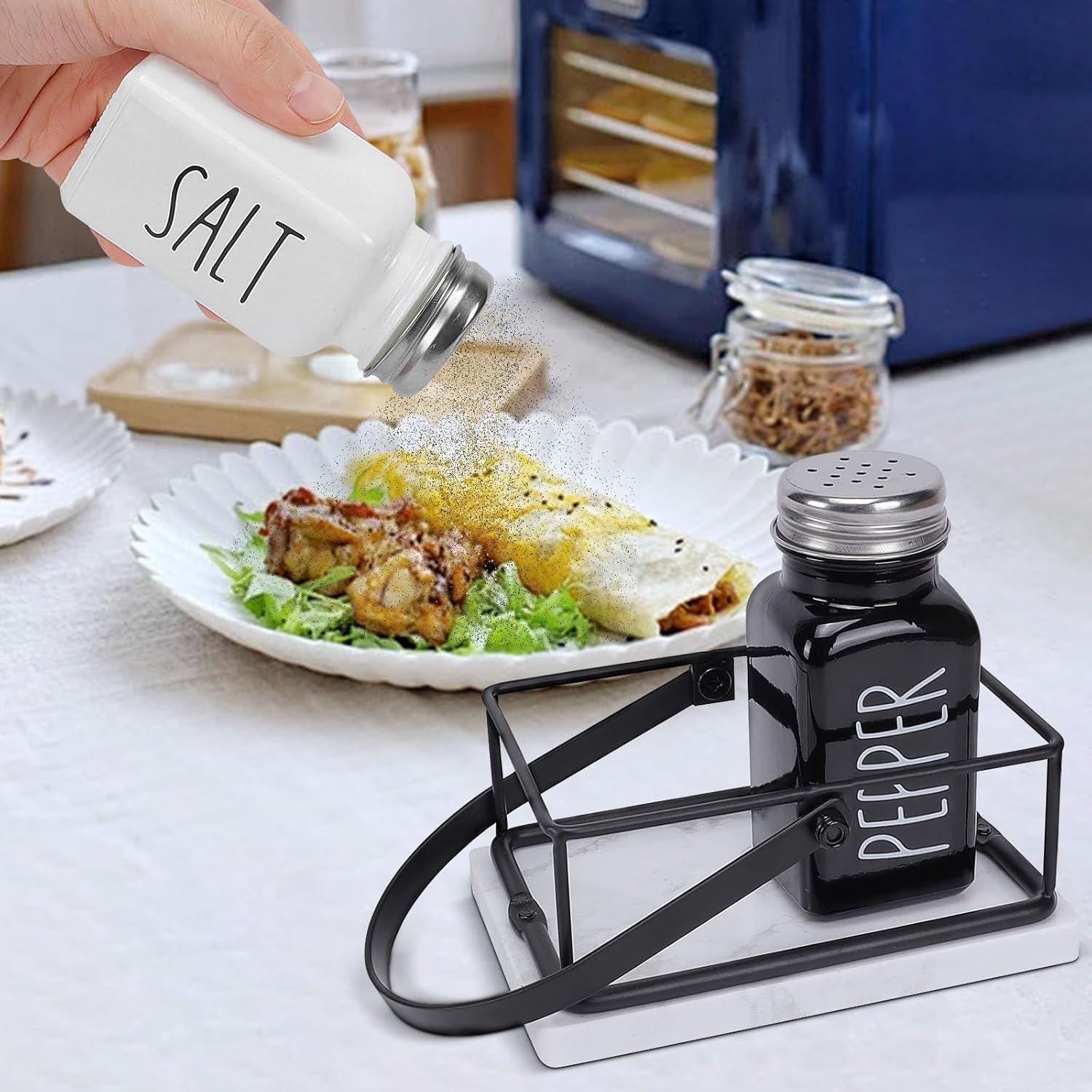 Livabber 2 Salt Pepper Shakers with Marble Holder Set