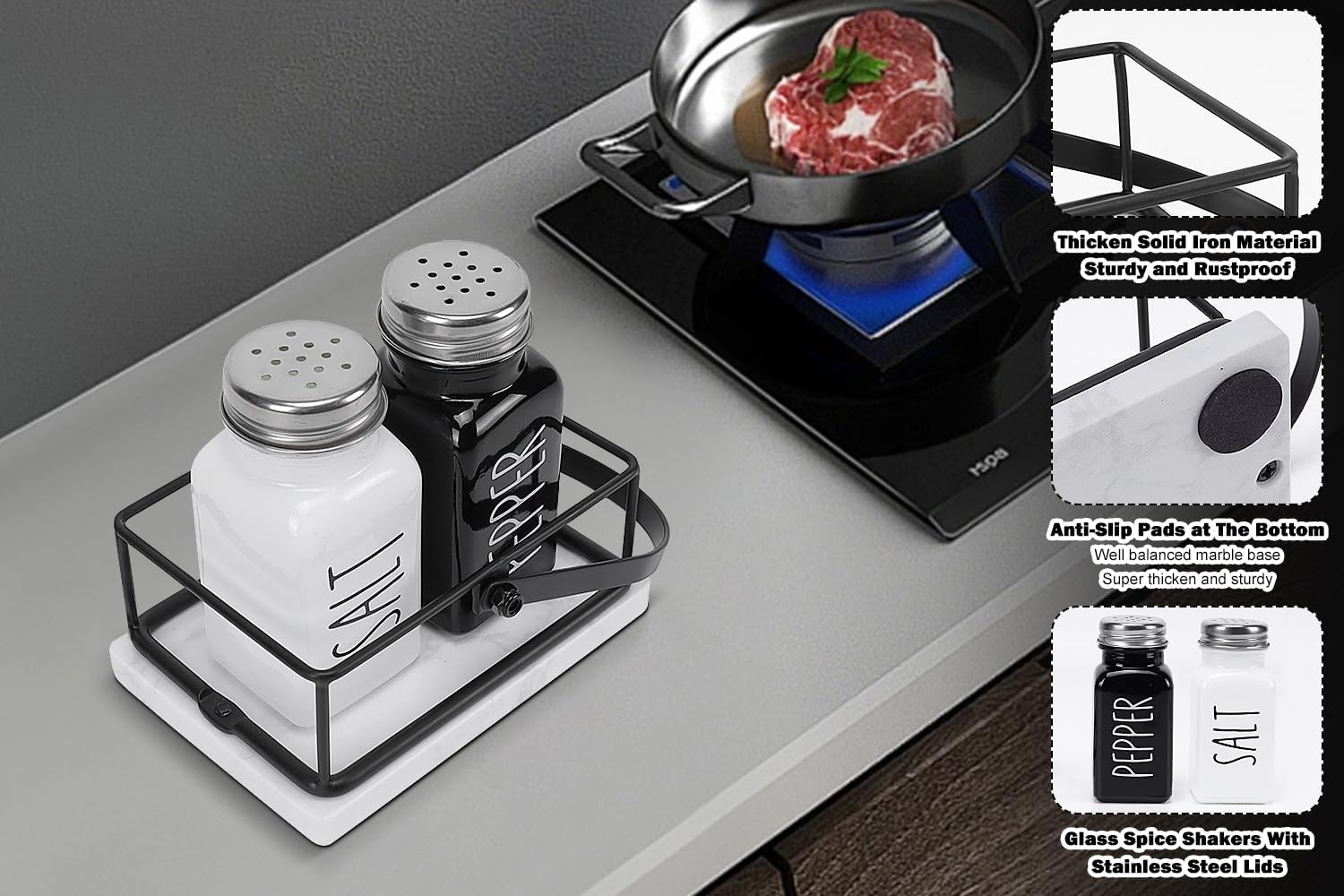 Livabber 2 Salt Pepper Shakers with Marble Holder Set