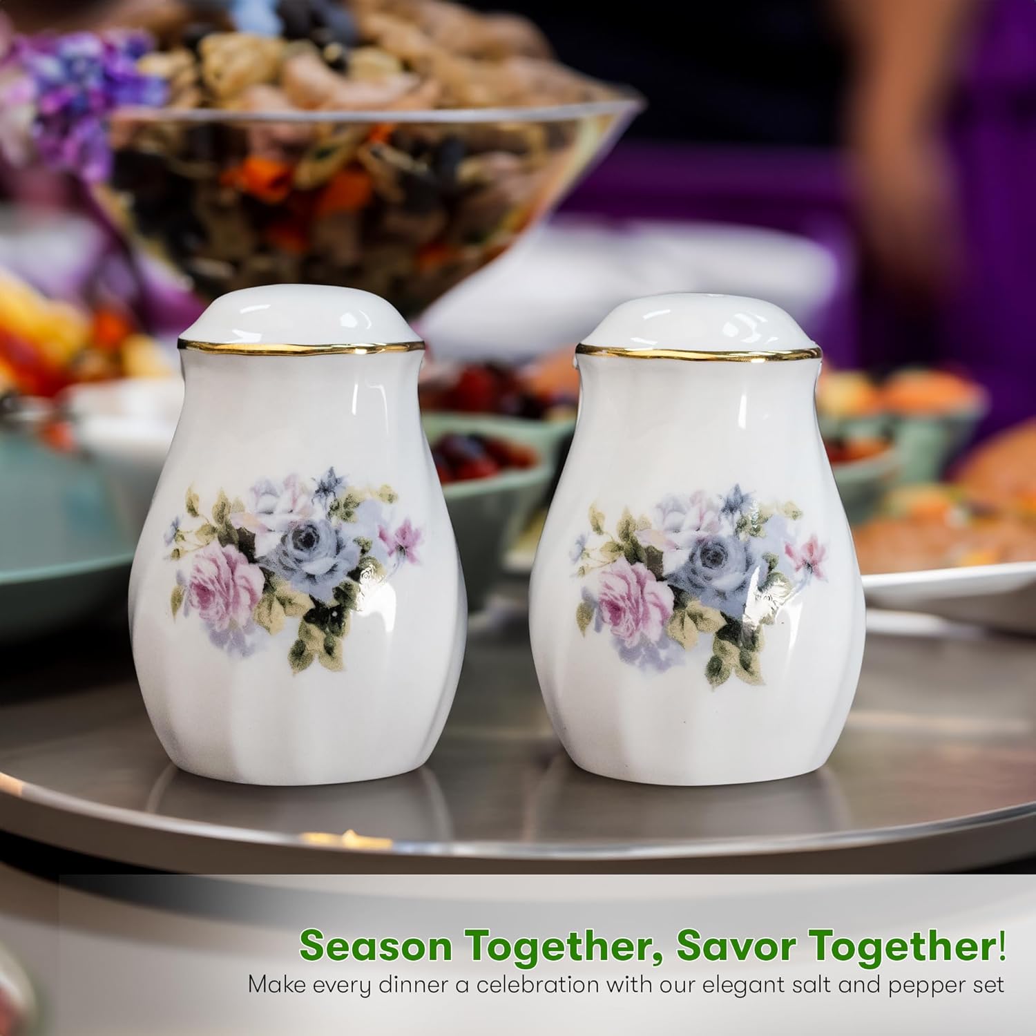 Lynns Serafina Floral Salt Pepper Set Purple 24K Gold Porcelain