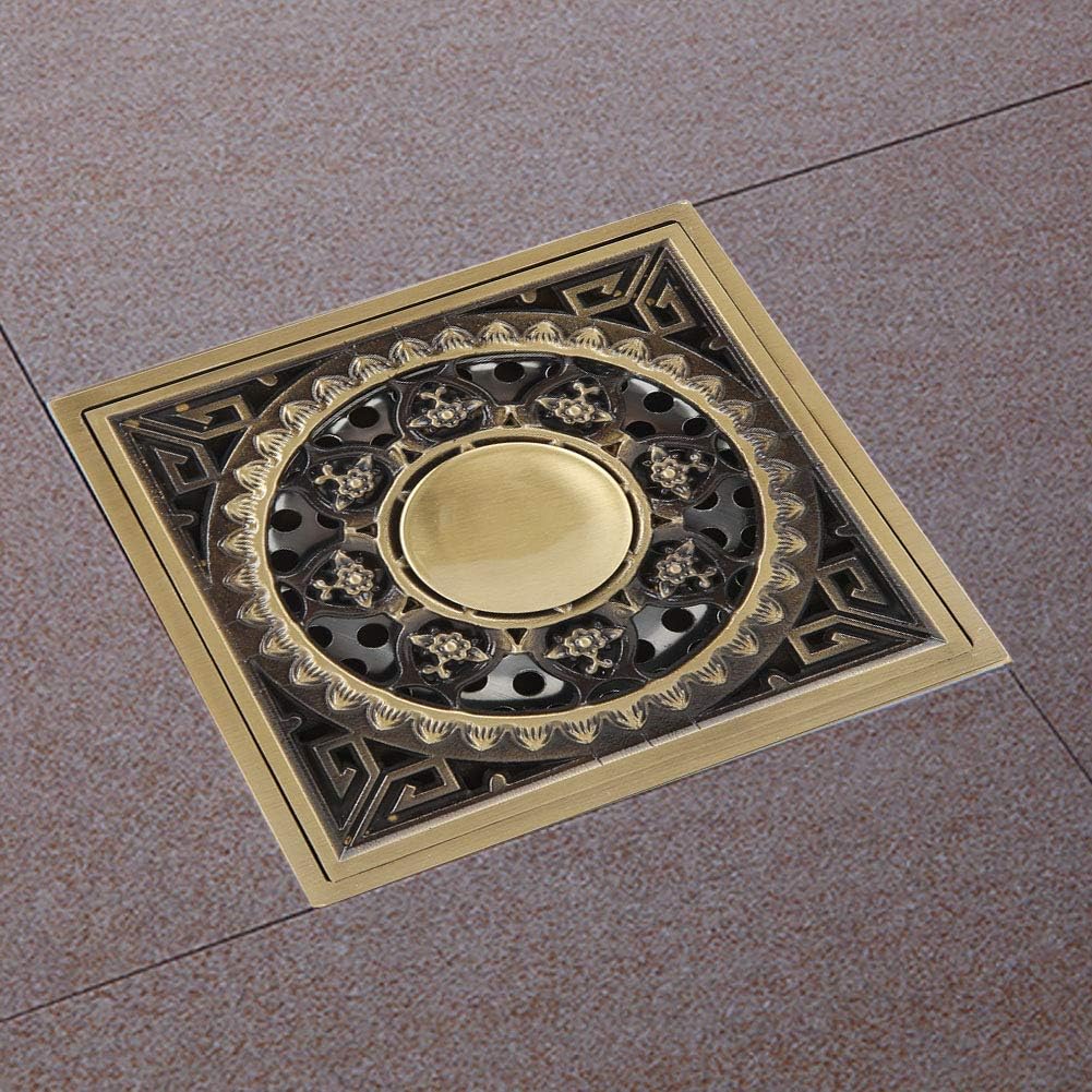 Yosoo Antique Brass Shower Floor Drain with Flower Carving