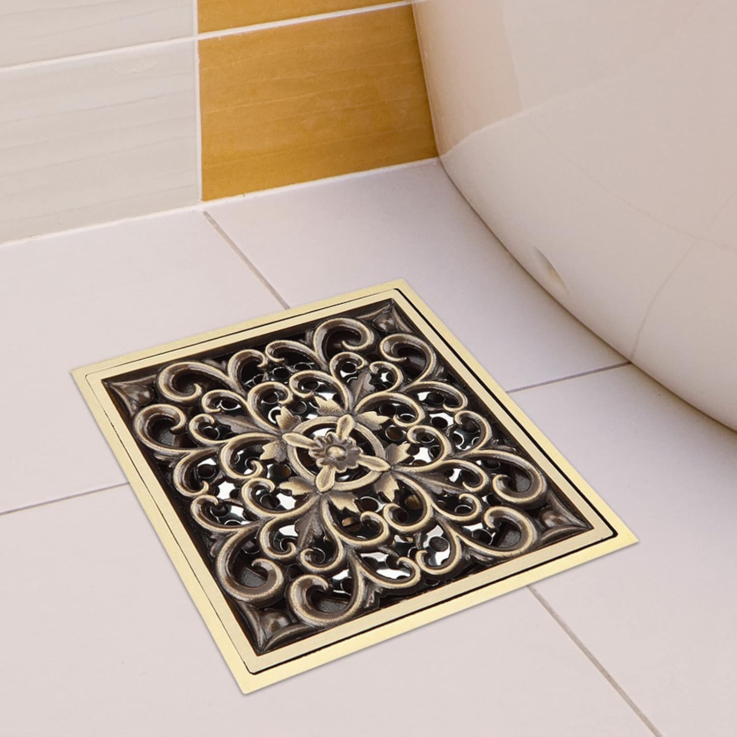 39 Inch Square Shower Drain in Antique Brass
