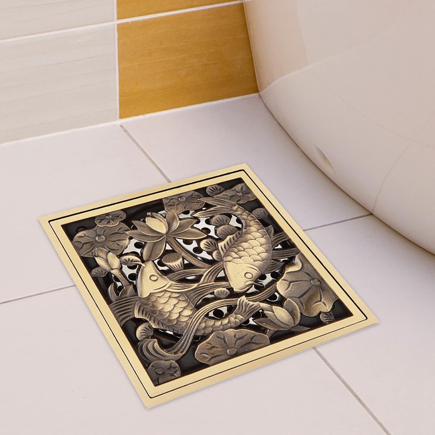 Fafeicy Antique Brass Drain with Removable Cover Grid 43x43x28in Tile Insert