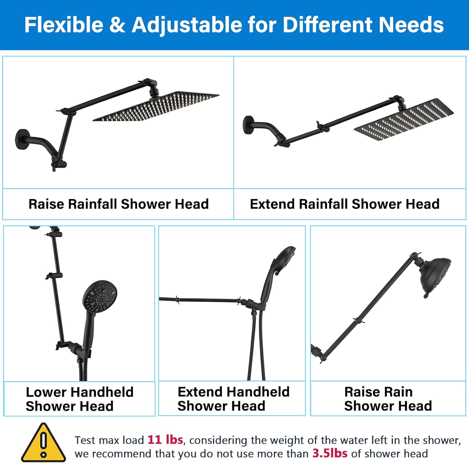 PDPBath 16 Inch Brass Shower Head Extension Arm with Lock Joints Matte Black