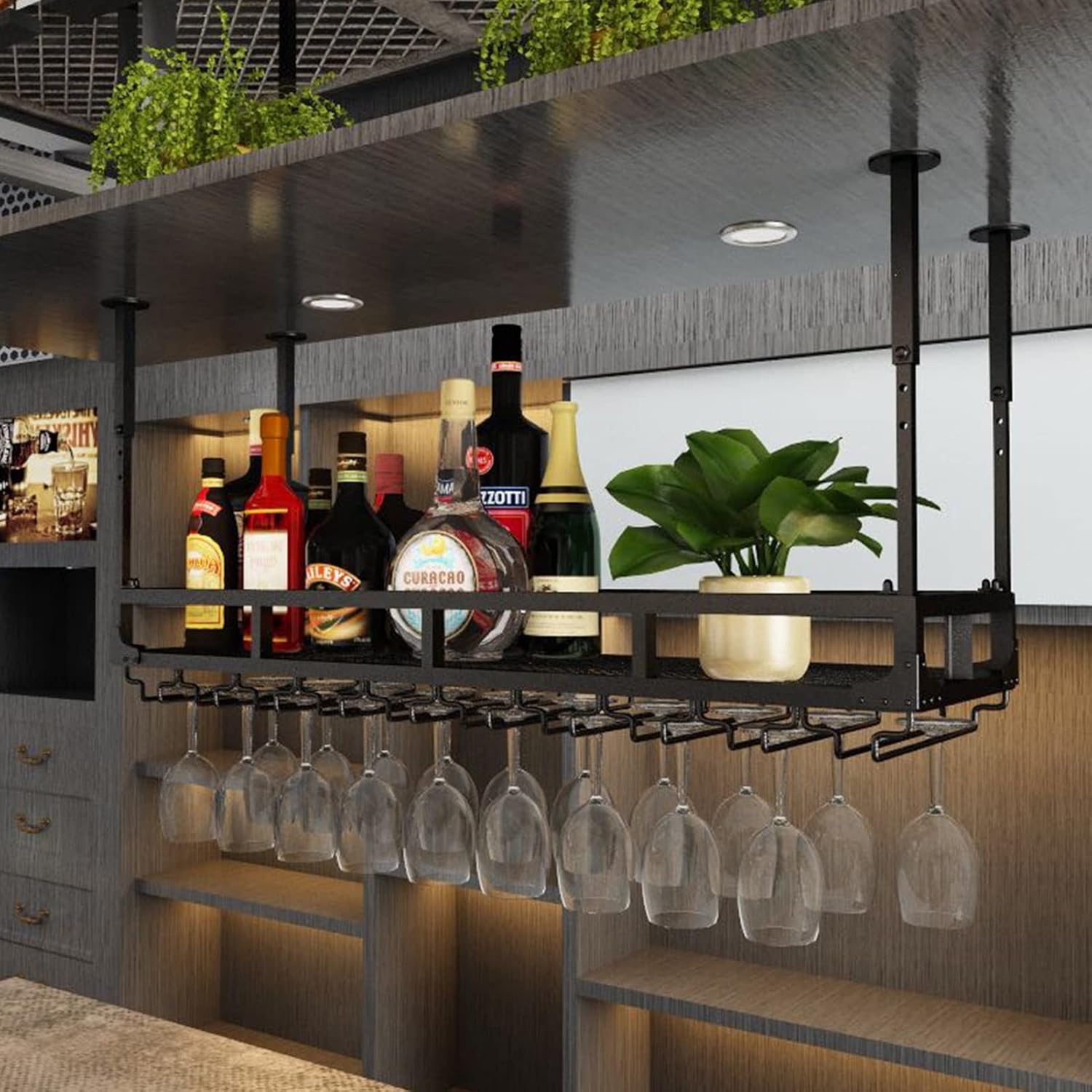 Adjustable Ceiling Wine Glass Rack for Bar and Kitchen