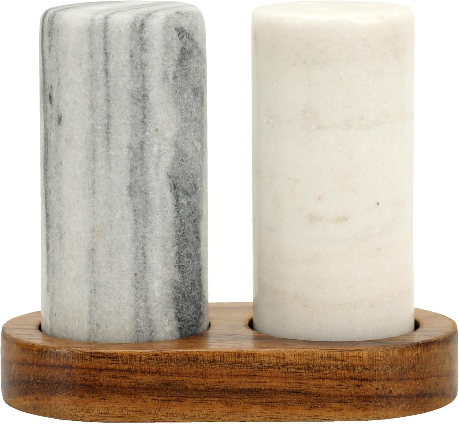 Spiretro Elegant Marble Salt and Pepper Shaker Set with Acacia Wood Holder