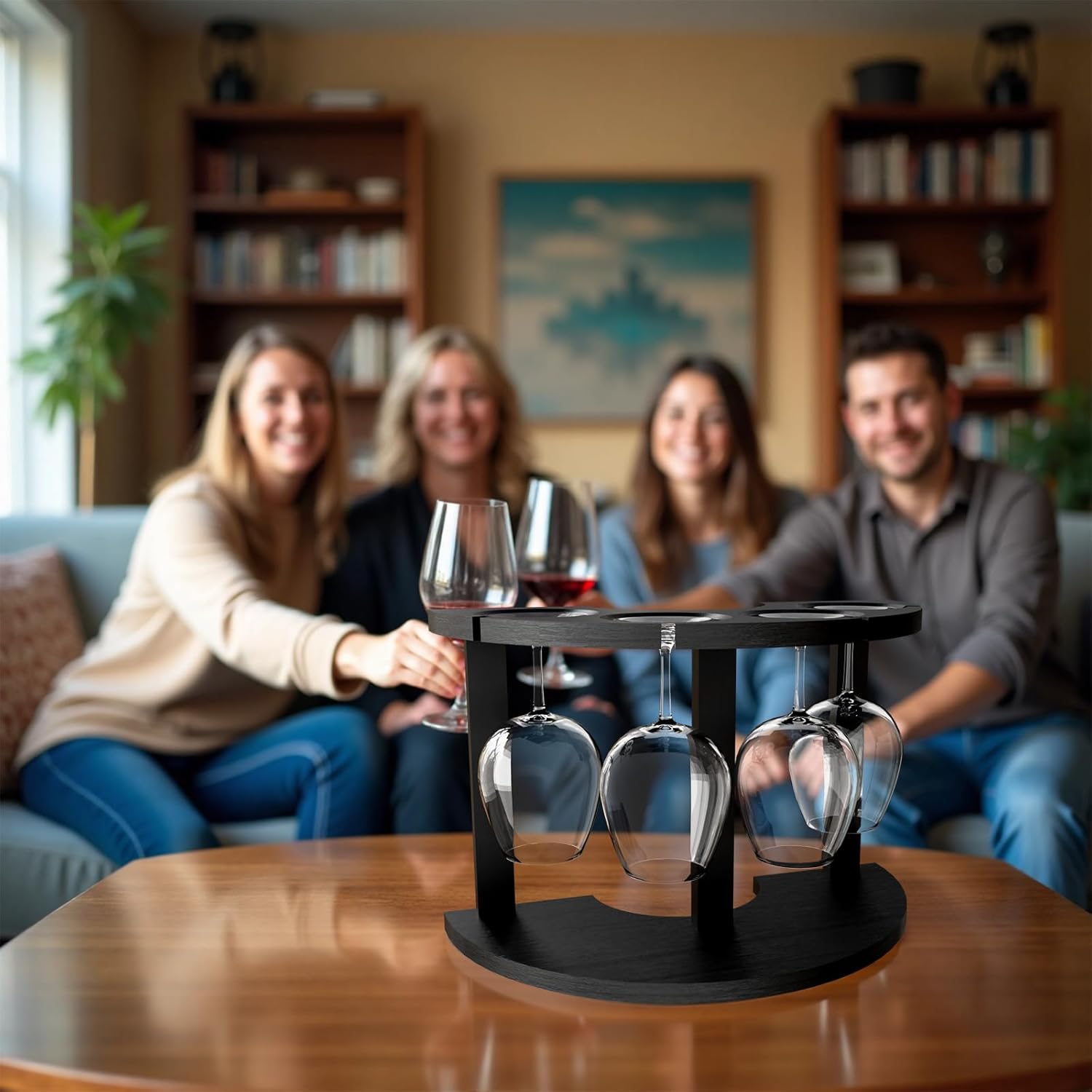 Lacinoeo Wood Wine Glass Rack for 4 Glasses Black 1