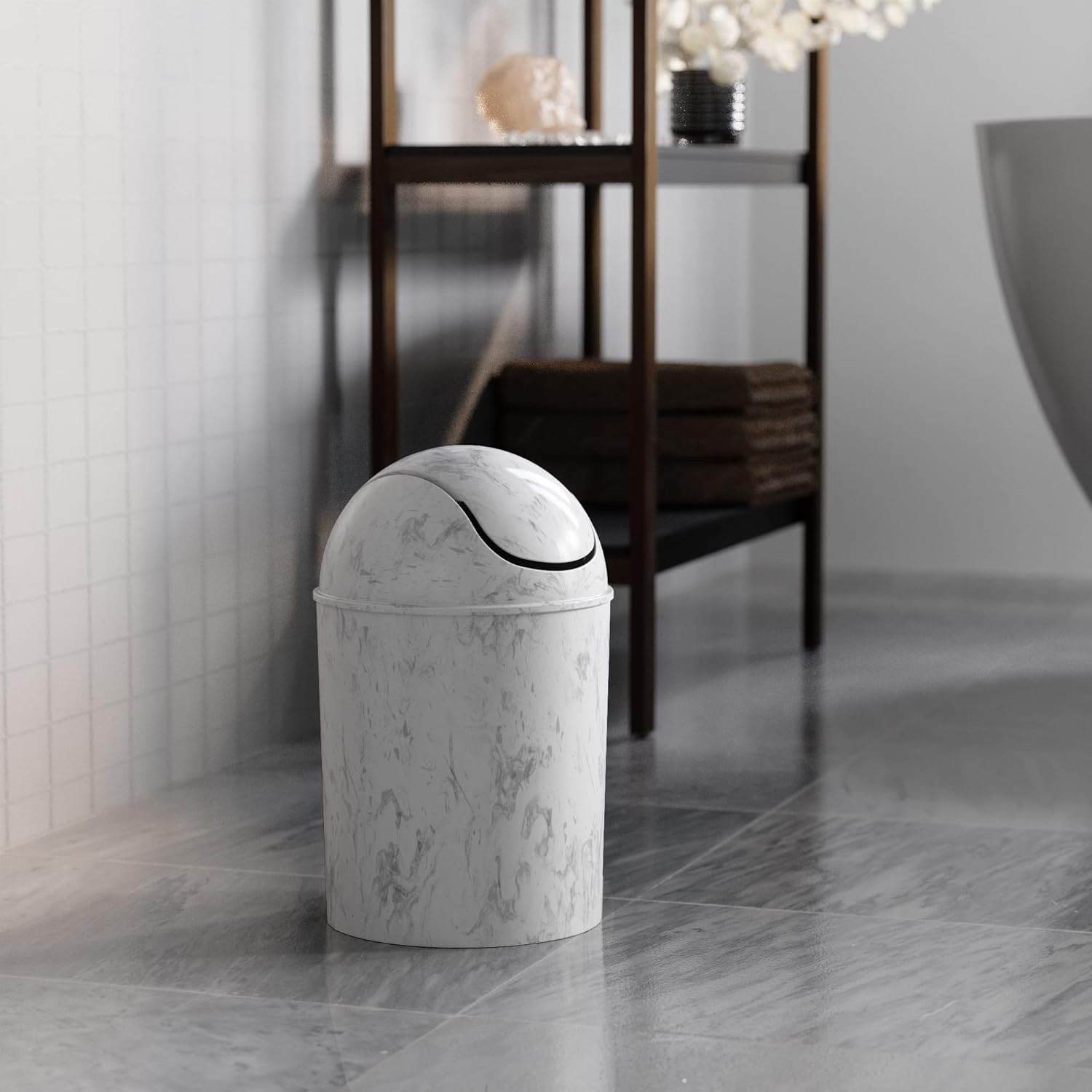 Umbra 125-Gallon Mini Waste Can with Swing-Top Lid - White Marble