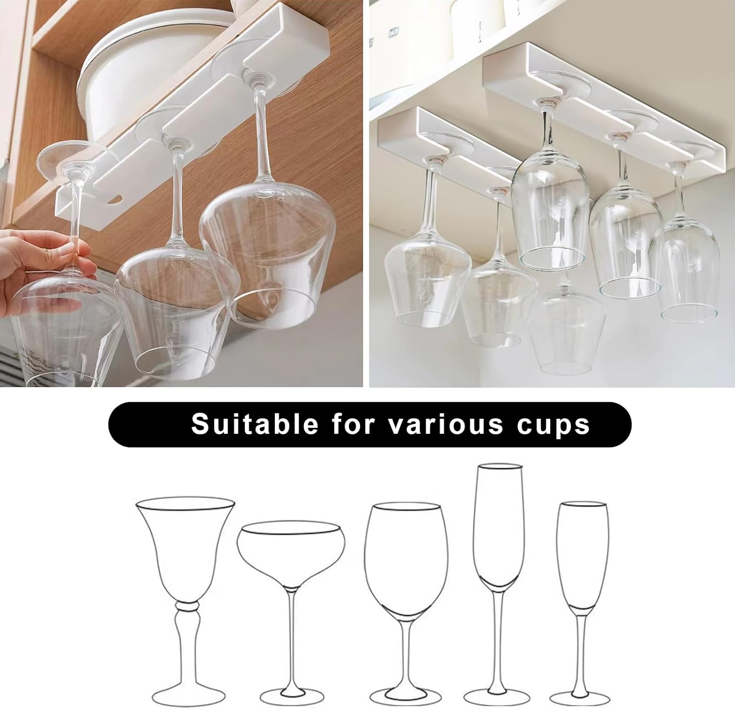 AQJUNONG 2 Pack Wine Glass Holder No Drilling Under Cabinet Rack