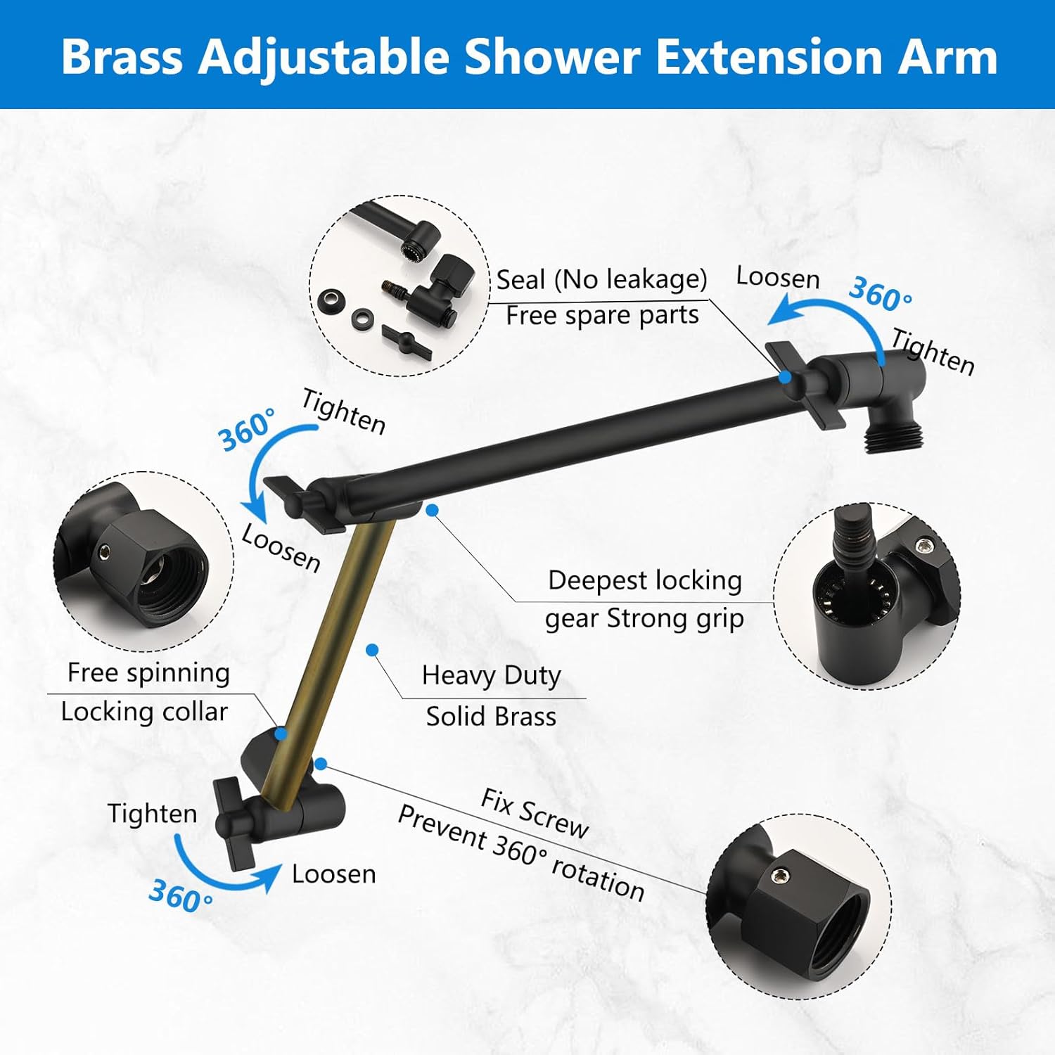 PDPBath 16 Inch Brass Shower Head Extension Arm with Lock Joints Matte Black
