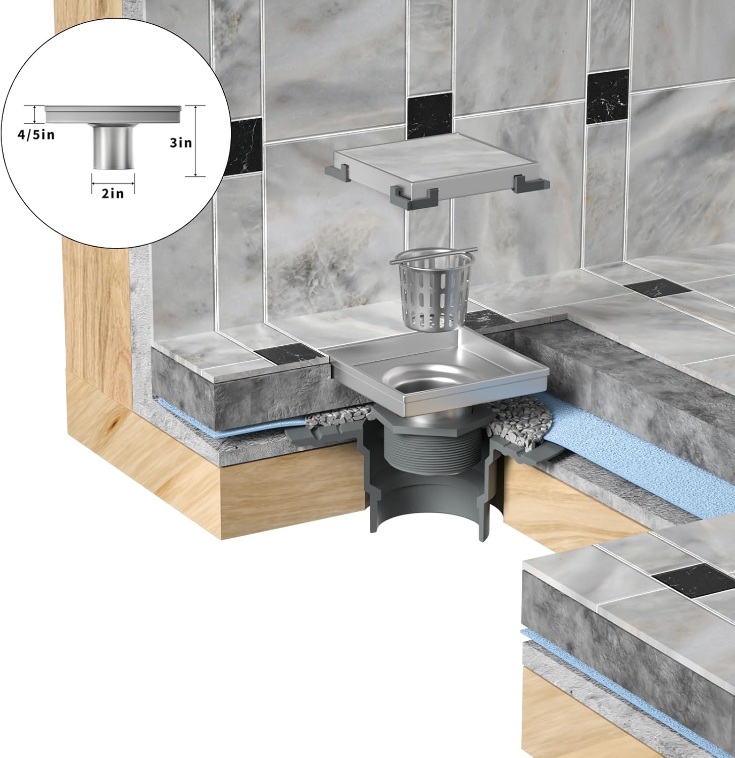 Bernkot Square Shower Drain 6 with 2 PVC Flange Base Matte Black