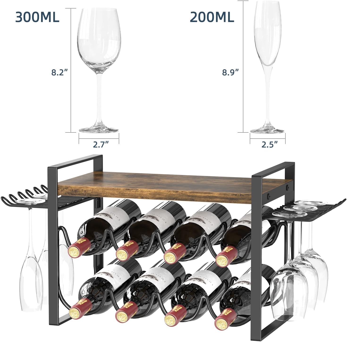 JAFUSI Wine Rack 8 Bottles Storage Shelf Stand with Glasses Hooks