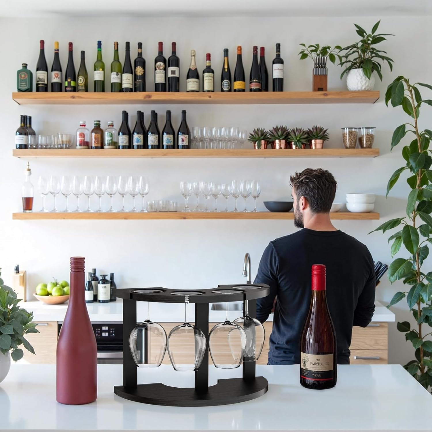 Lacinoeo Wood Wine Glass Rack for 4 Glasses Black 1