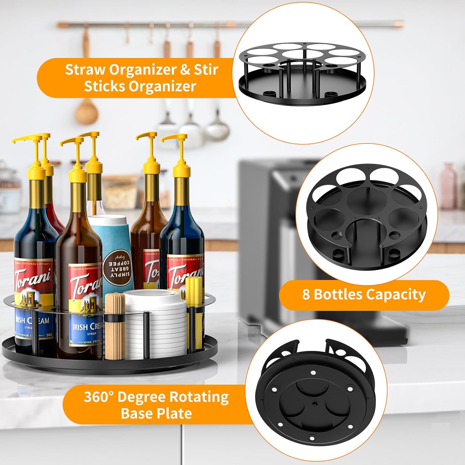 8 Bottles Coffee Syrup Organizer Rotating Holder