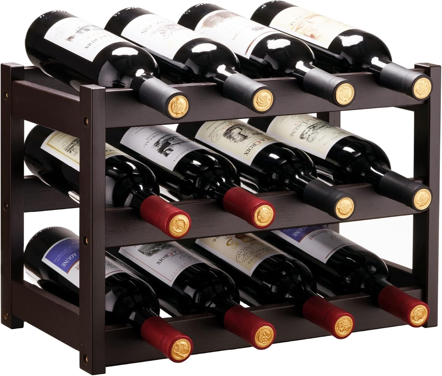 VASMIA Bamboo Wine Rack 3-Tier 12 Bottles Storage Cabinet Shelf Brown