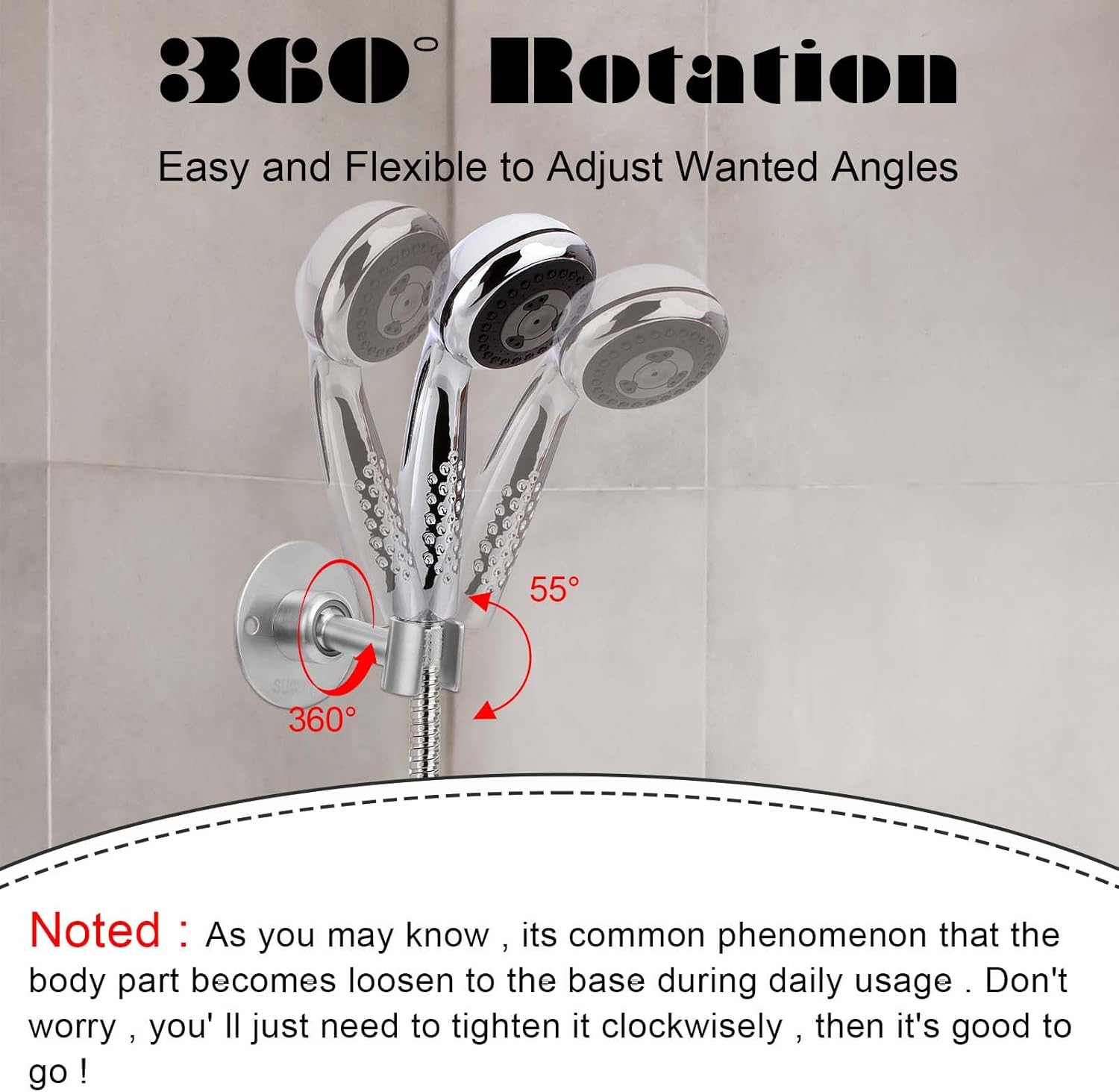 360 Degree Adjustable Stainless Steel Shower Head Holder Wall Mount