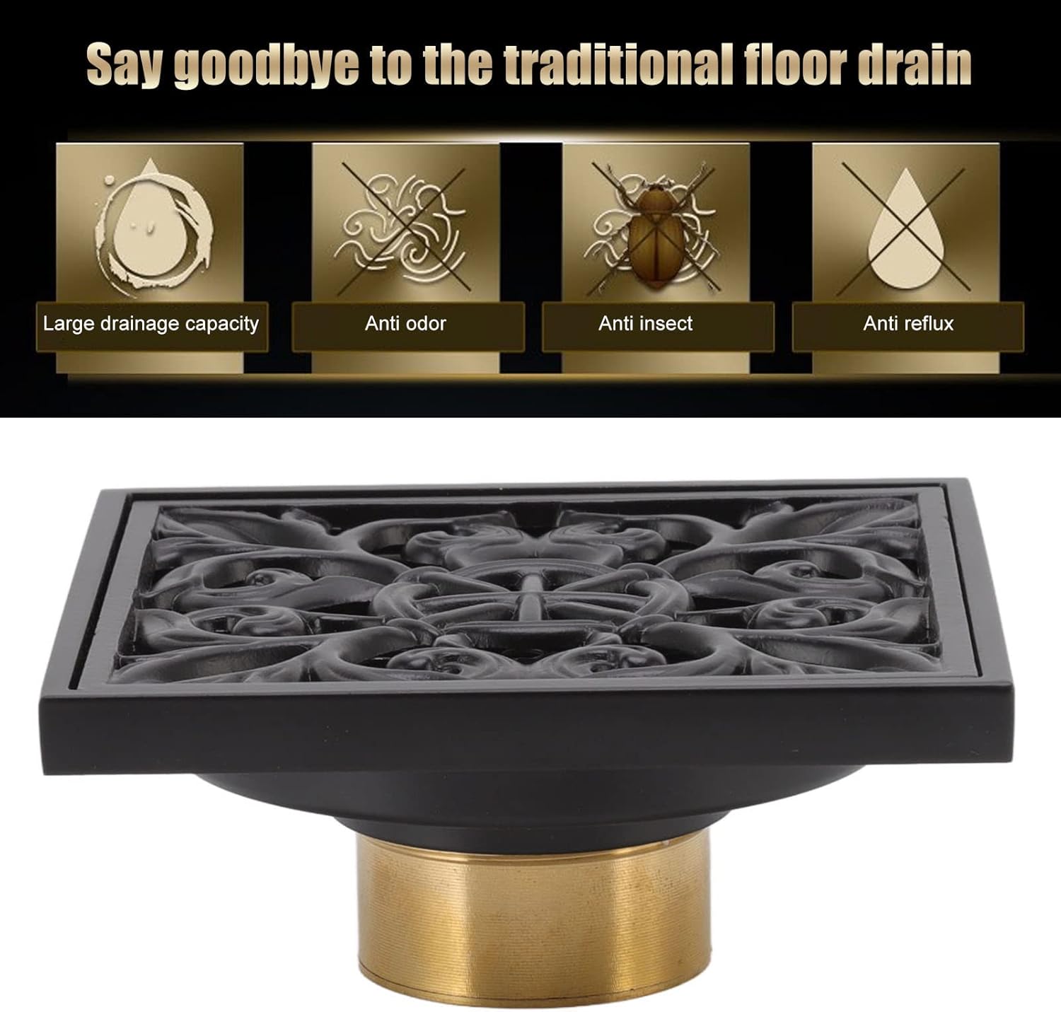 Square Shower Floor Drain with Removable Cover Matte Black 4 Inch