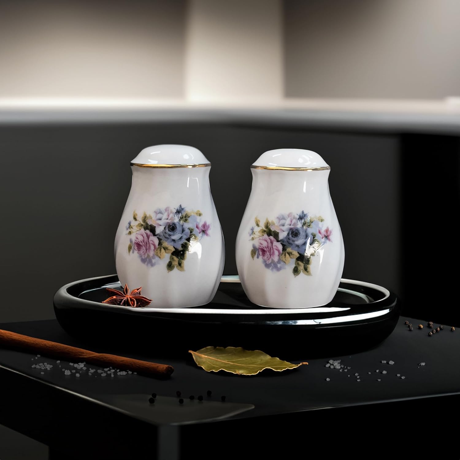 Lynns Serafina Floral Salt Pepper Set Purple 24K Gold Porcelain