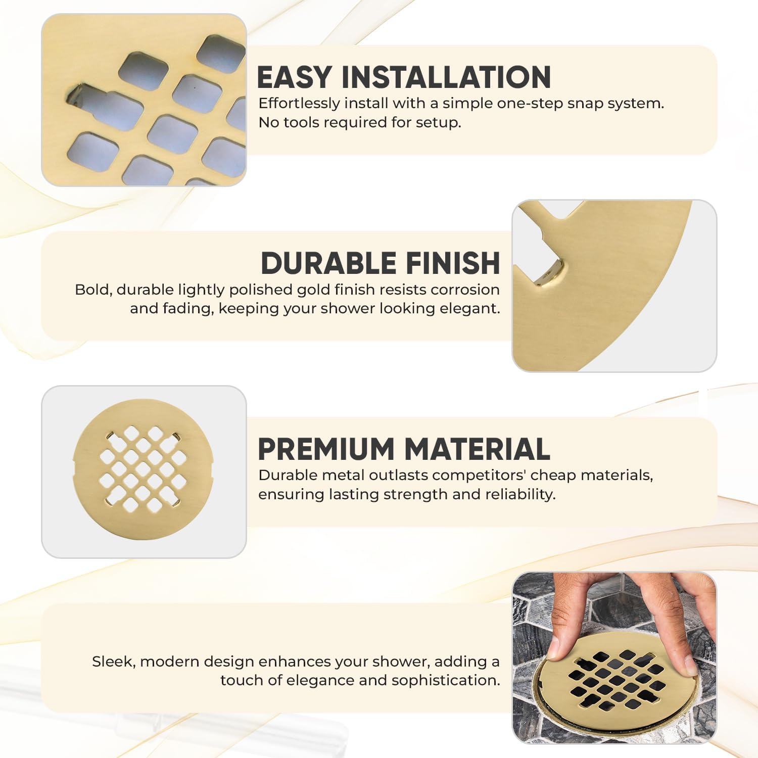 425 Brushed Light Gold Shower Drain Cover - Solid Brass Easy Install