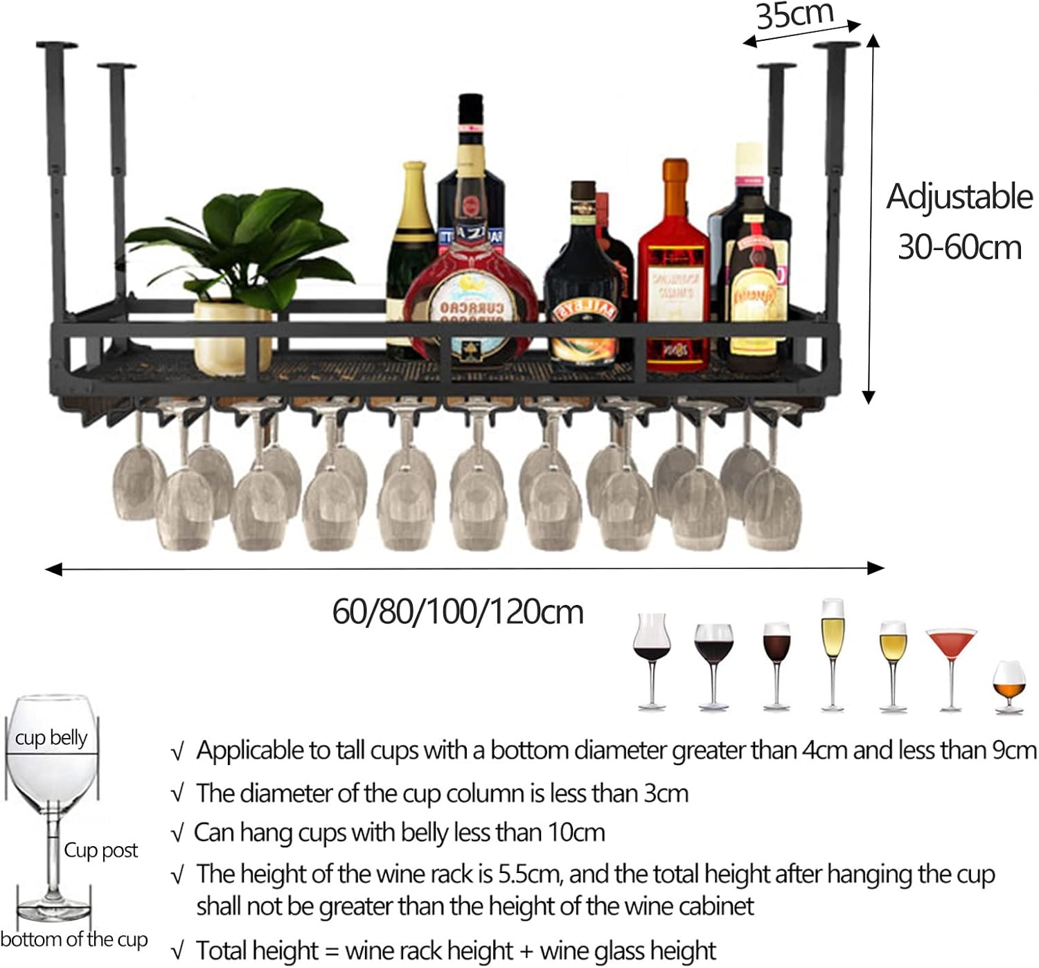 Adjustable Ceiling Wine Glass Rack for Bar and Kitchen