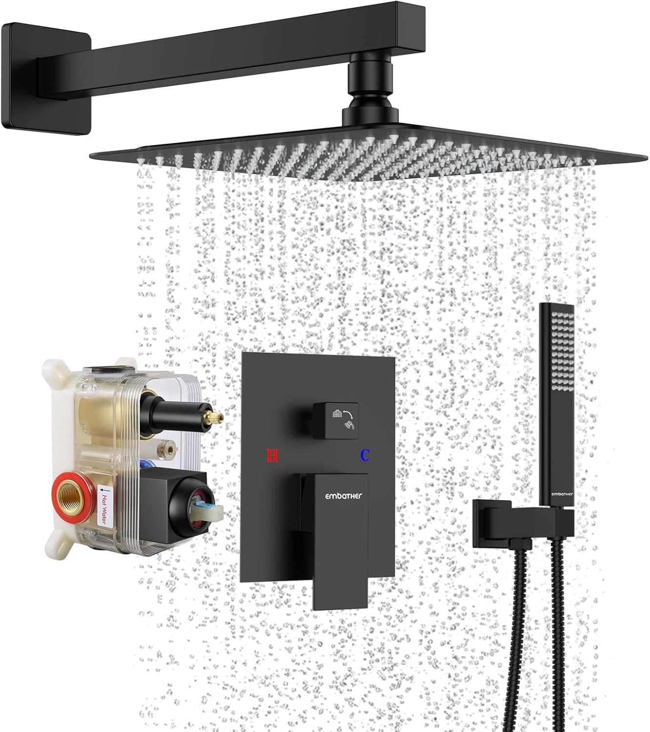 EMBATHER Black Rain Shower Combo Set - 10 Inch Overhead Handheld