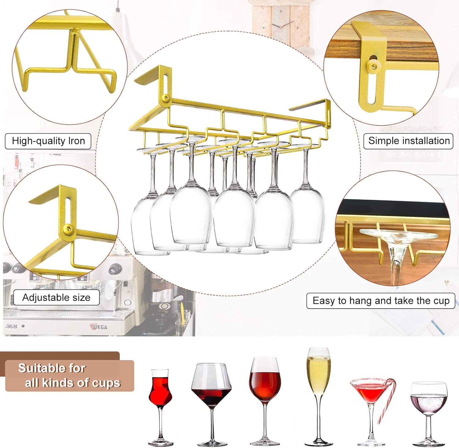AUHOKY Adjustable Wine Glass Holder Under Cabinet 4 Rows Gold