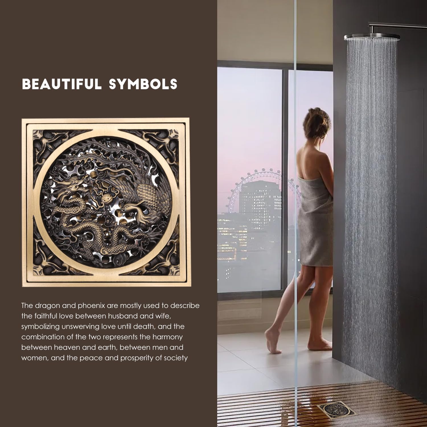 Stainless Steel Copper Square Floor Drain with Dragon Phoenix Design