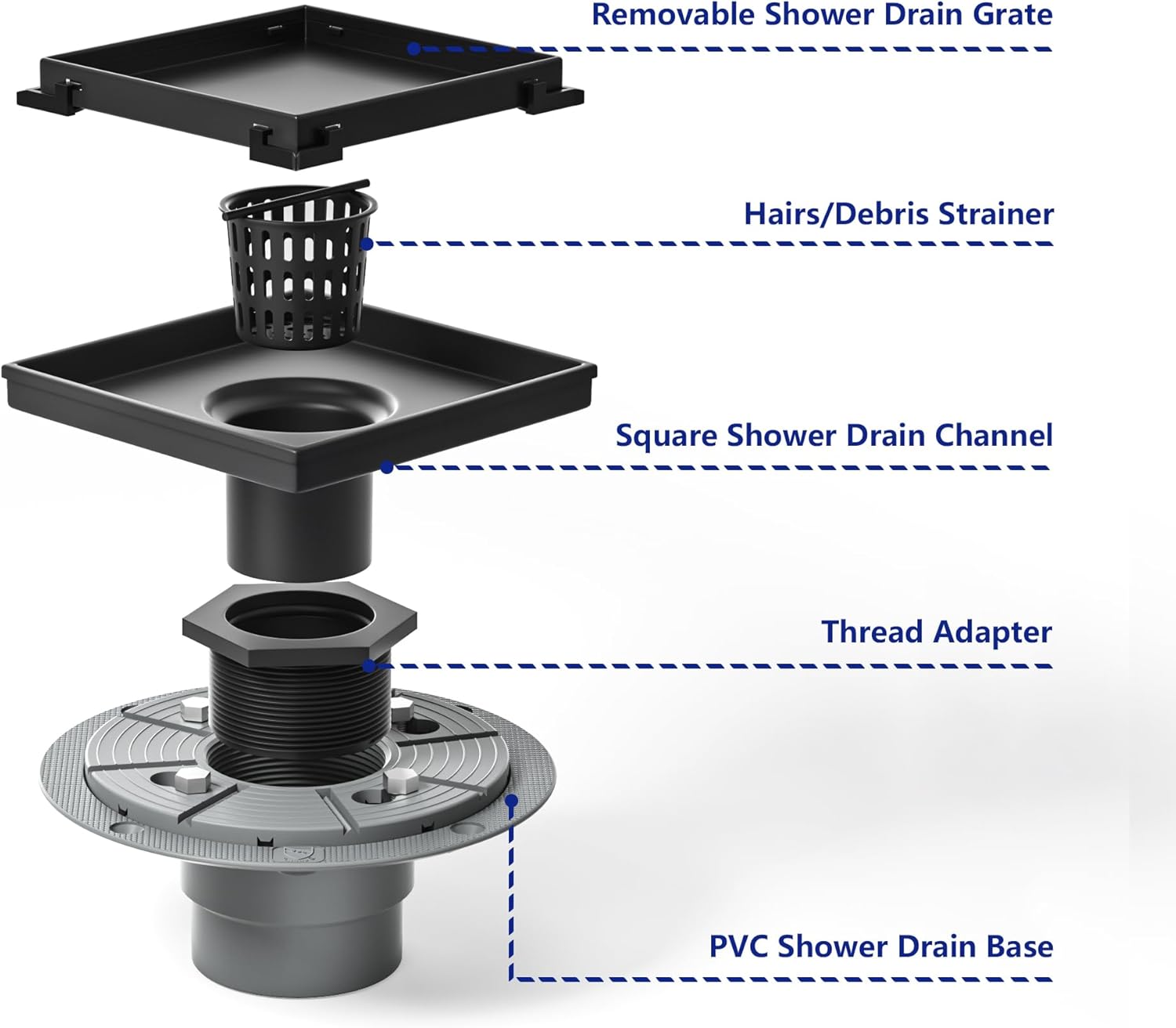 Bernkot Square Shower Drain 6 with 2 PVC Flange Base Matte Black