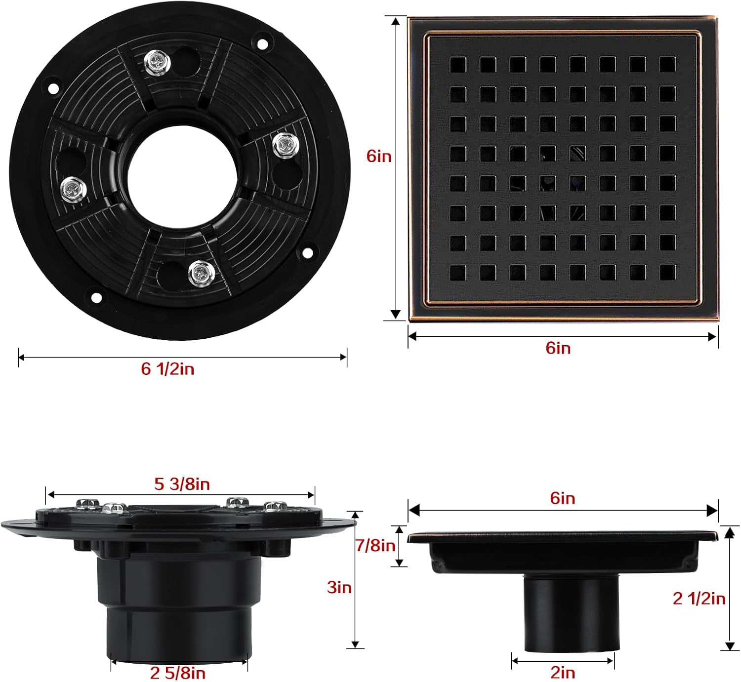 SaniteModar 6 Inch Shower Floor Drain with Flange and Removable Grid Panel