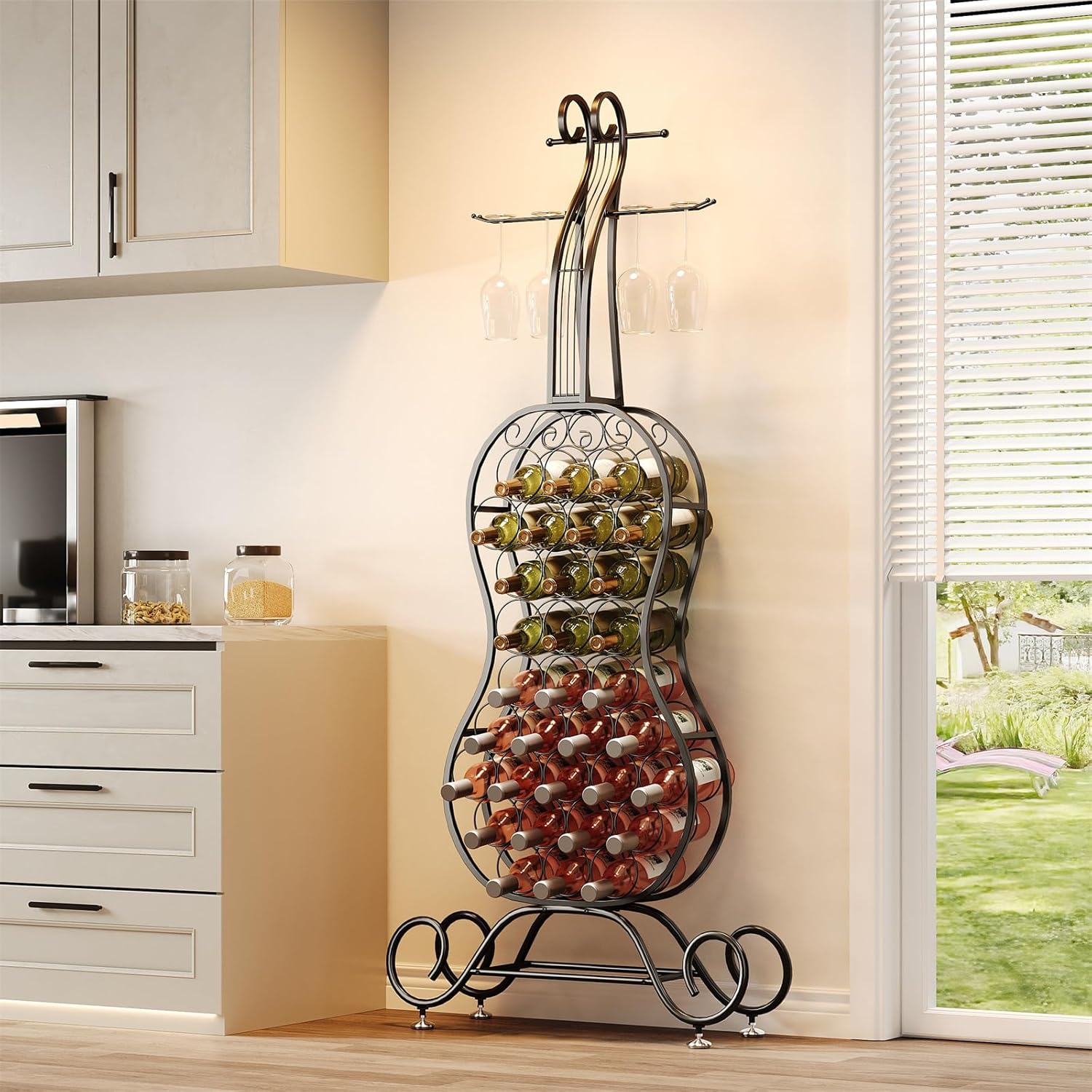 HavenlyYouth 32-Bottle Freestanding Wine Rack - Black Metal Wine Holder