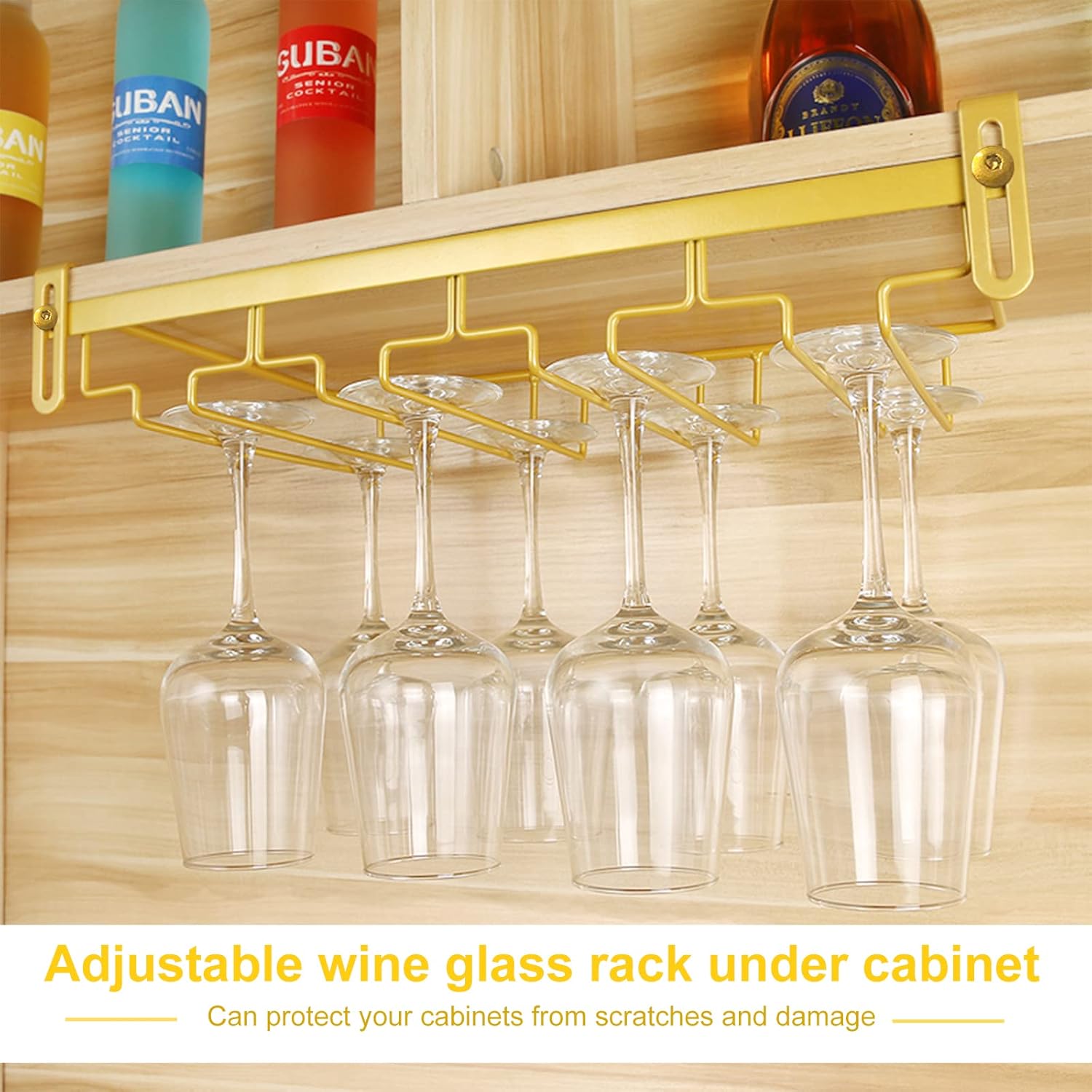 AUHOKY Adjustable Wine Glass Holder Under Cabinet 4 Rows Gold