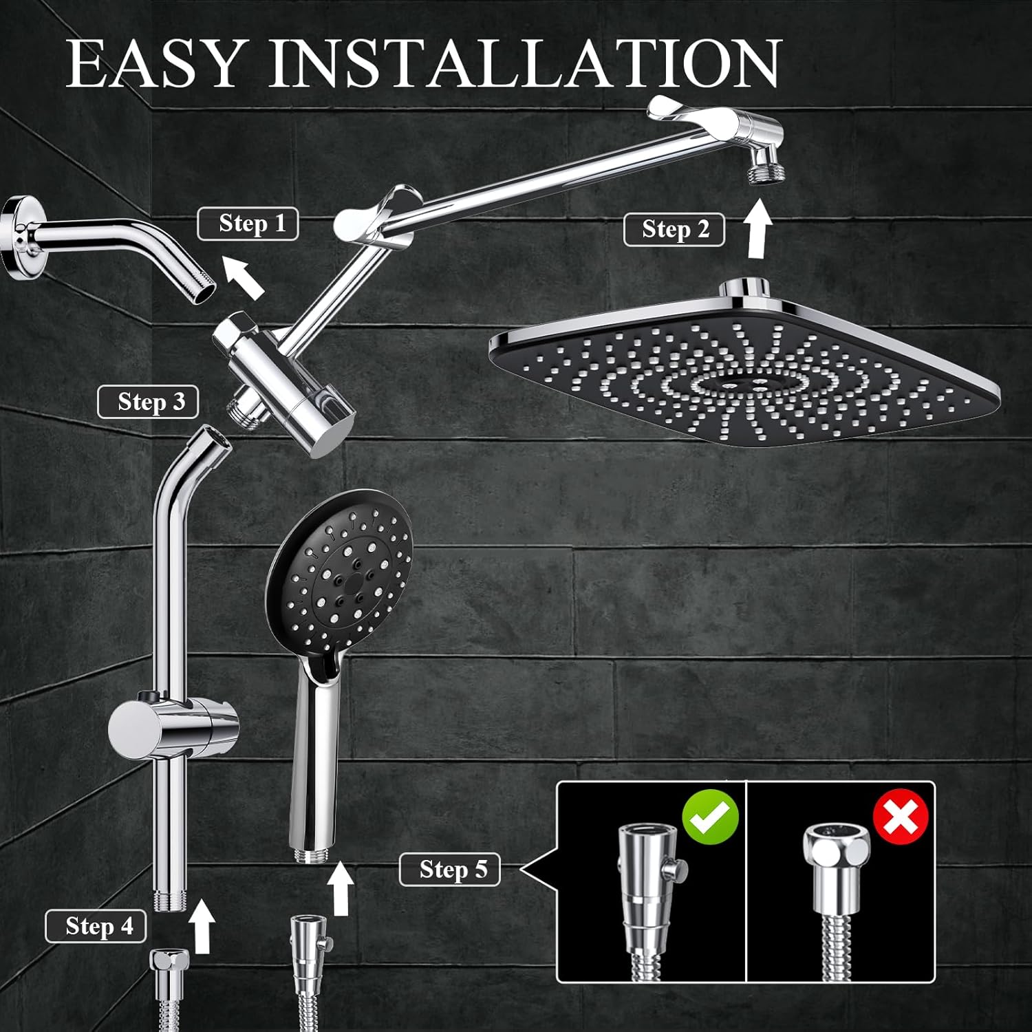 Veken 118 Inch Shower Head with 6 Modes and Adjustable Slide Bar