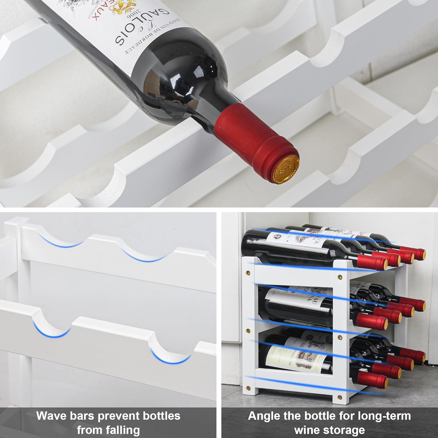 VASMIA Bamboo Wine Rack 12 Bottles 3-Tier White