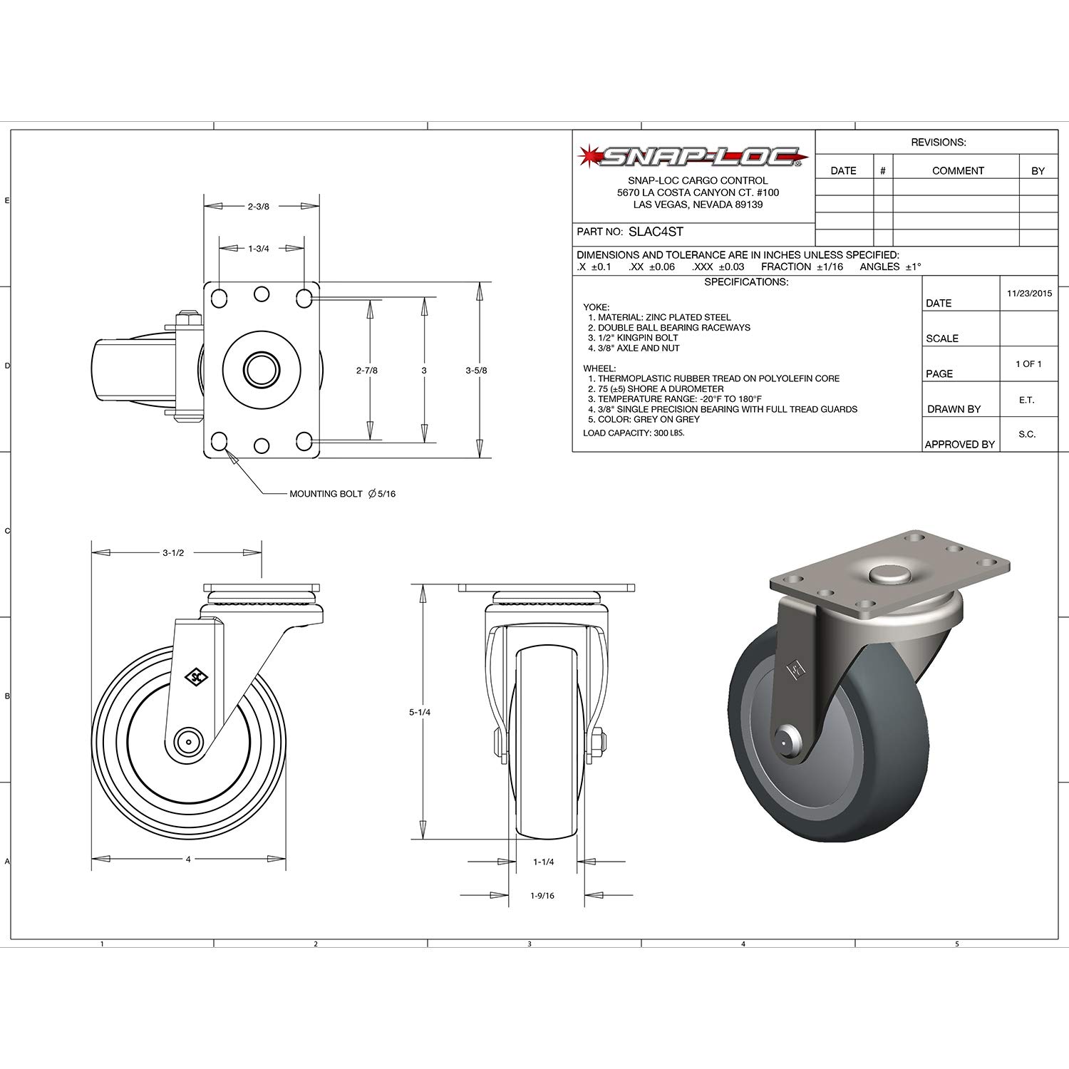 Snap-Loc 4 THERMOPLASTIC Swivel 300 LB Caster
