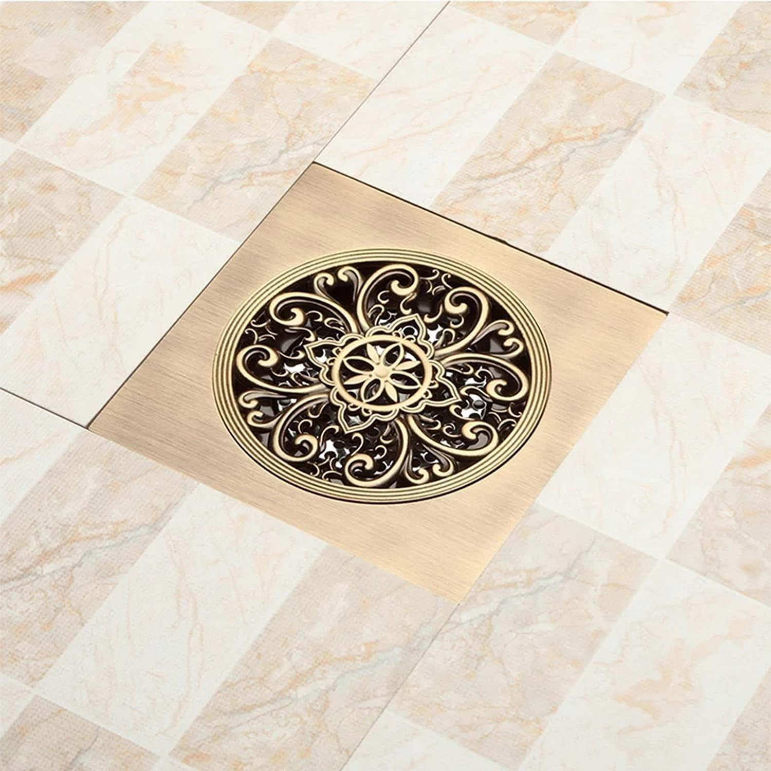 Antique Brass 6 Inch Floor Drain with Quadrato Pattern