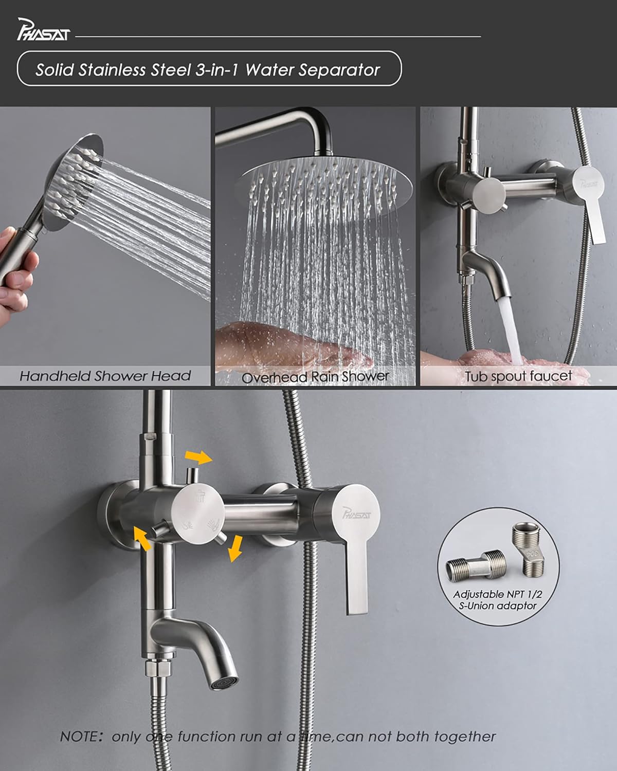 PHASAT 304 Stainless Steel 3 Function Shower Set