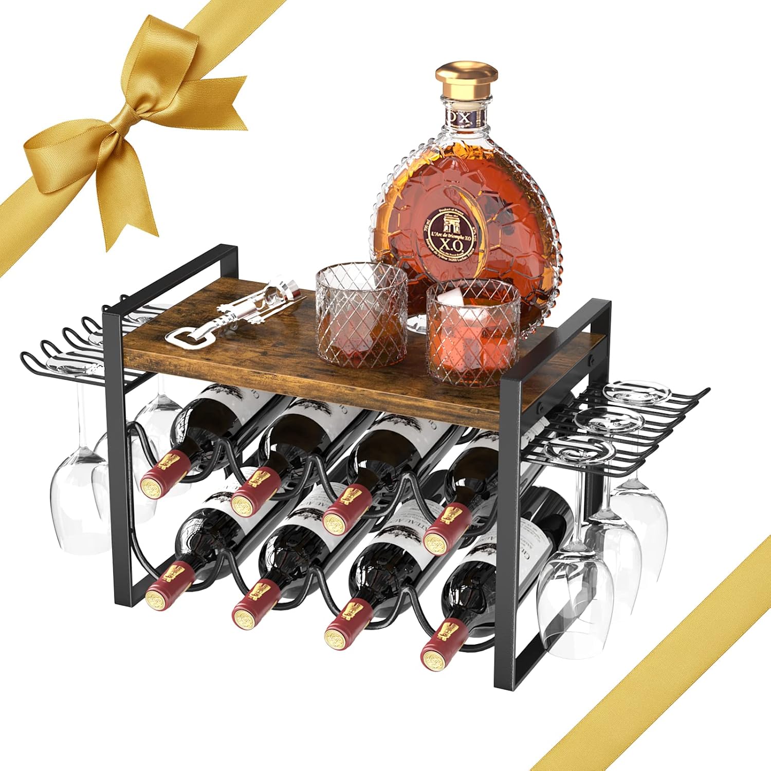JAFUSI Wine Rack with Glass Holder 8 Bottles Storage