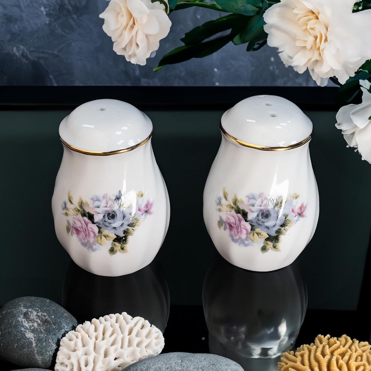 Lynns Serafina Floral Salt Pepper Set Purple 24K Gold Porcelain