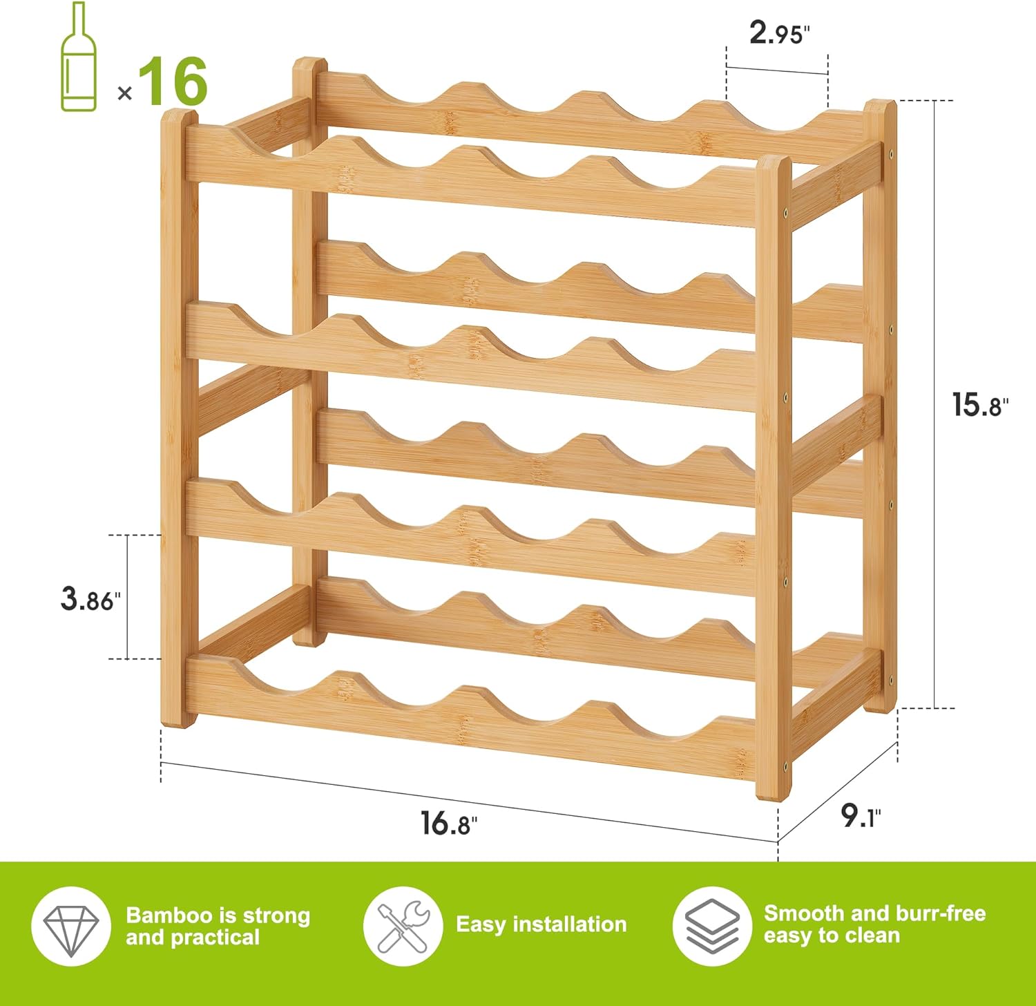 BMOSU Bamboo Wine Rack 4 Tiers 16 Bottle Storage