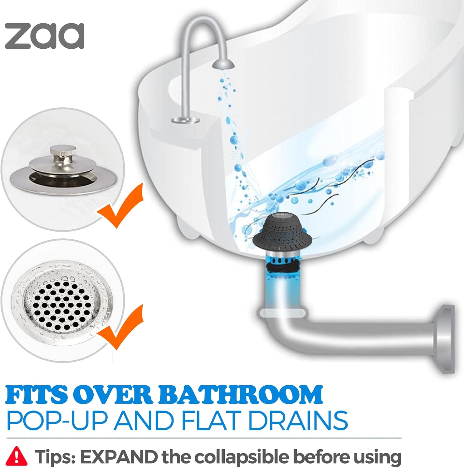 Zaa Bathtub Drain Hair Catcher 2 Pack Silicone Collapsible