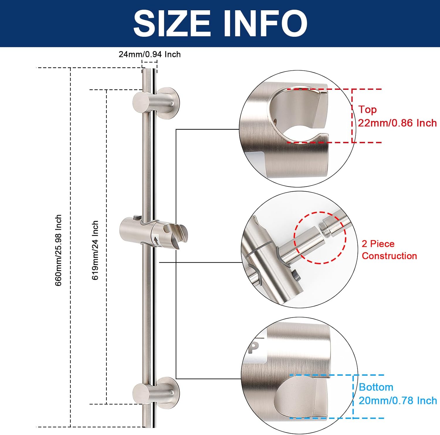 NearMoon Adjustable Shower Slide Bar with 24 Inch Length and Brushed Nickel Finish