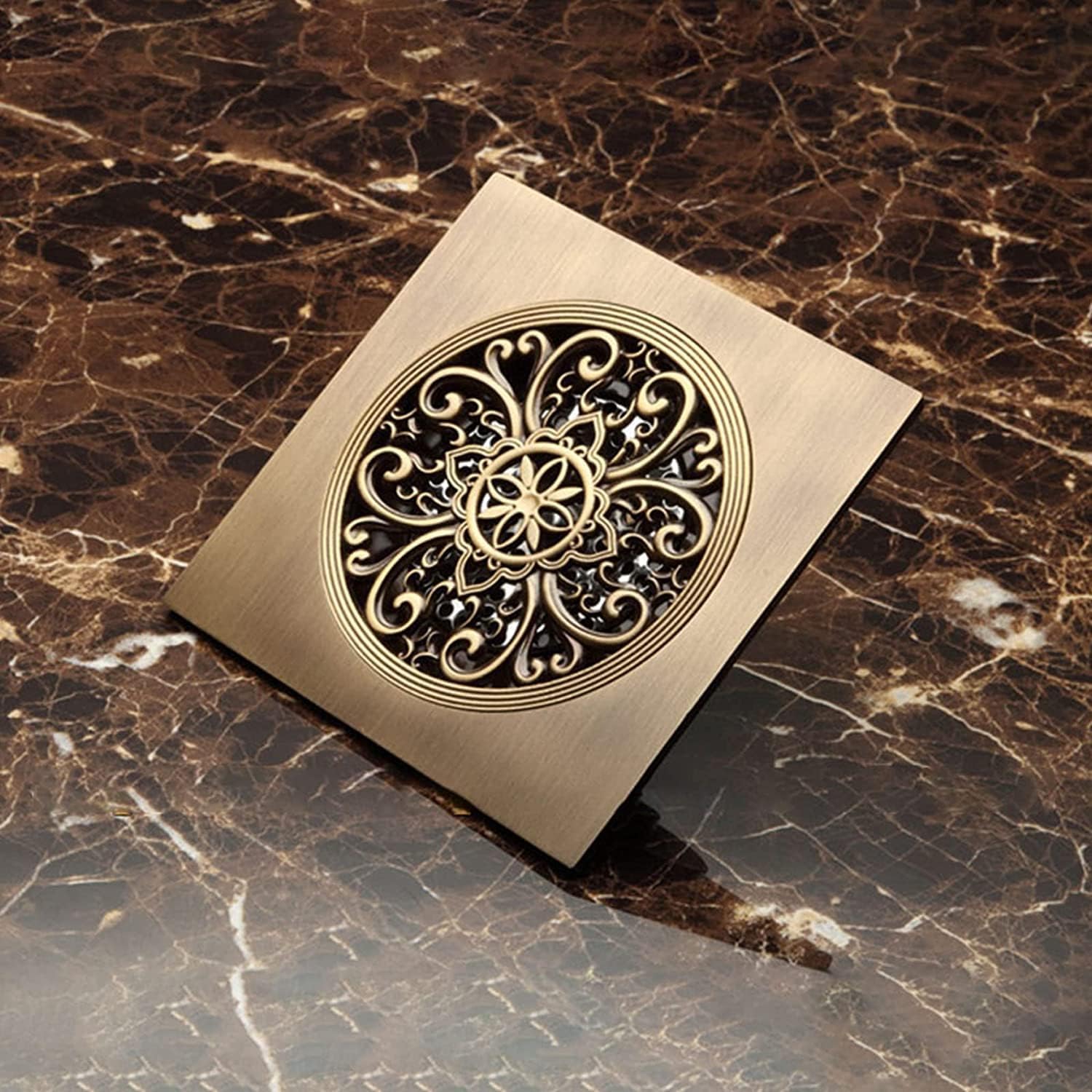 Antique Brass 6 Inch Floor Drain with Quadrato Pattern