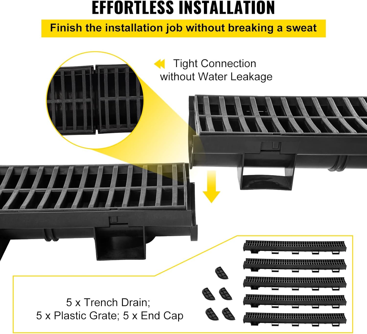 VEVOR Trench Drain System 57x31-Inch HDPE Black 5-Pack