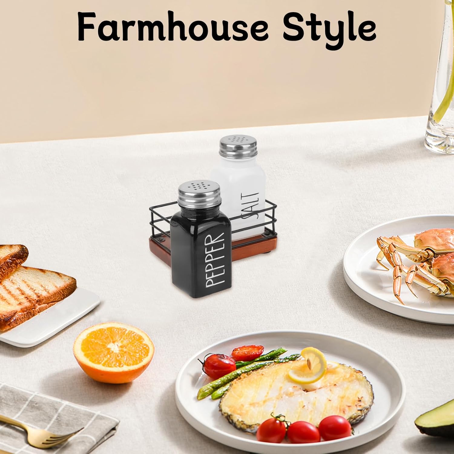 Cute Farmhouse Salt Pepper Shakers Set with Wooden Holder