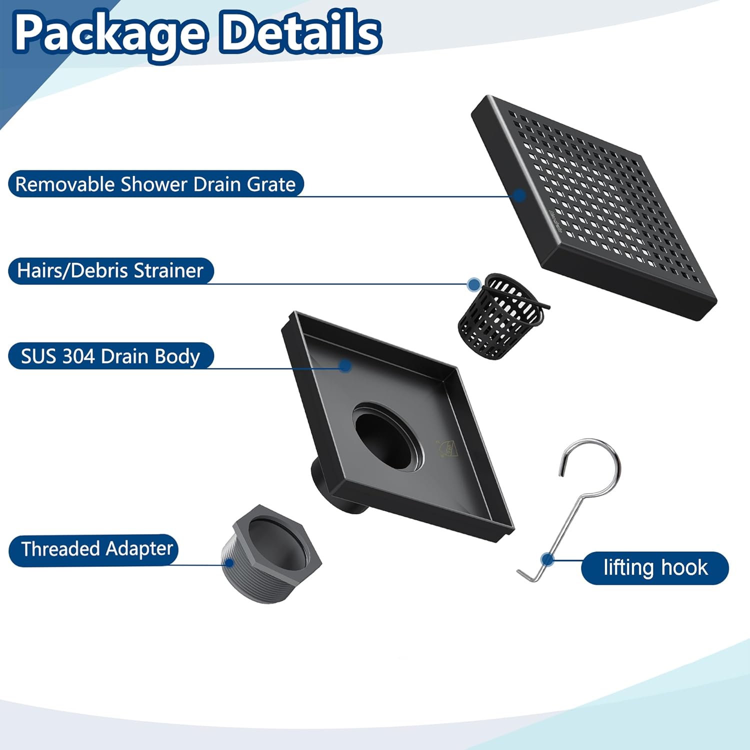Neodrain 6 Square Shower Drain with Matte Black Hair Strainer