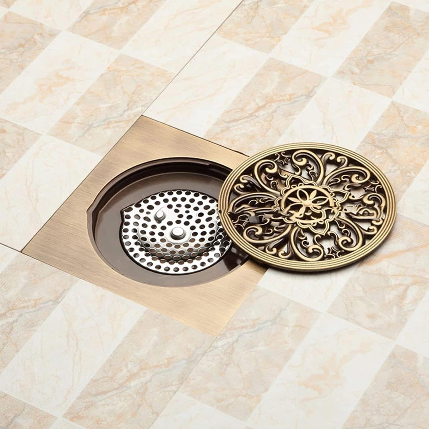 Antique Brass 6 Inch Floor Drain with Quadrato Pattern