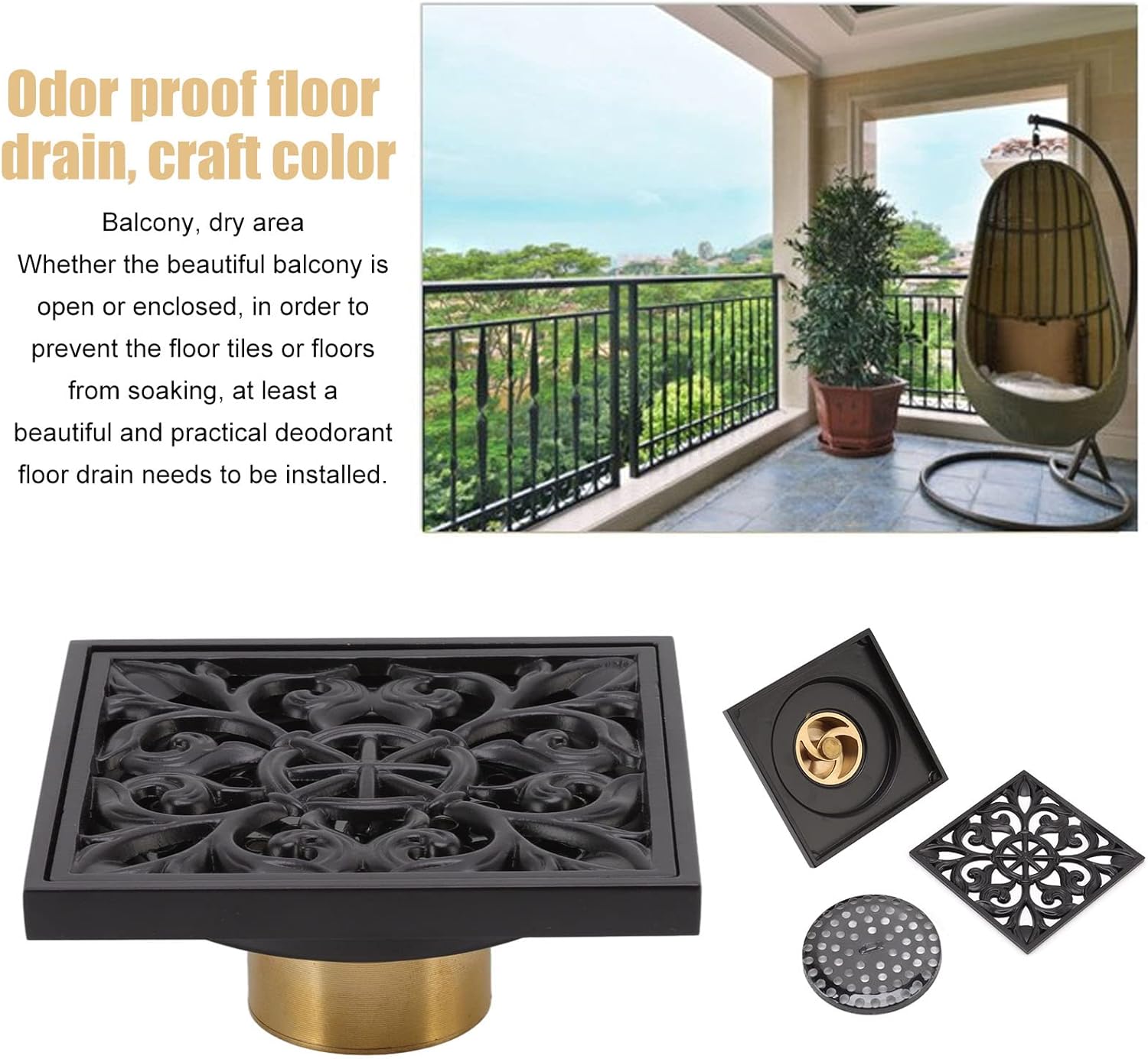 Square Shower Floor Drain with Removable Cover Matte Black 4 Inch