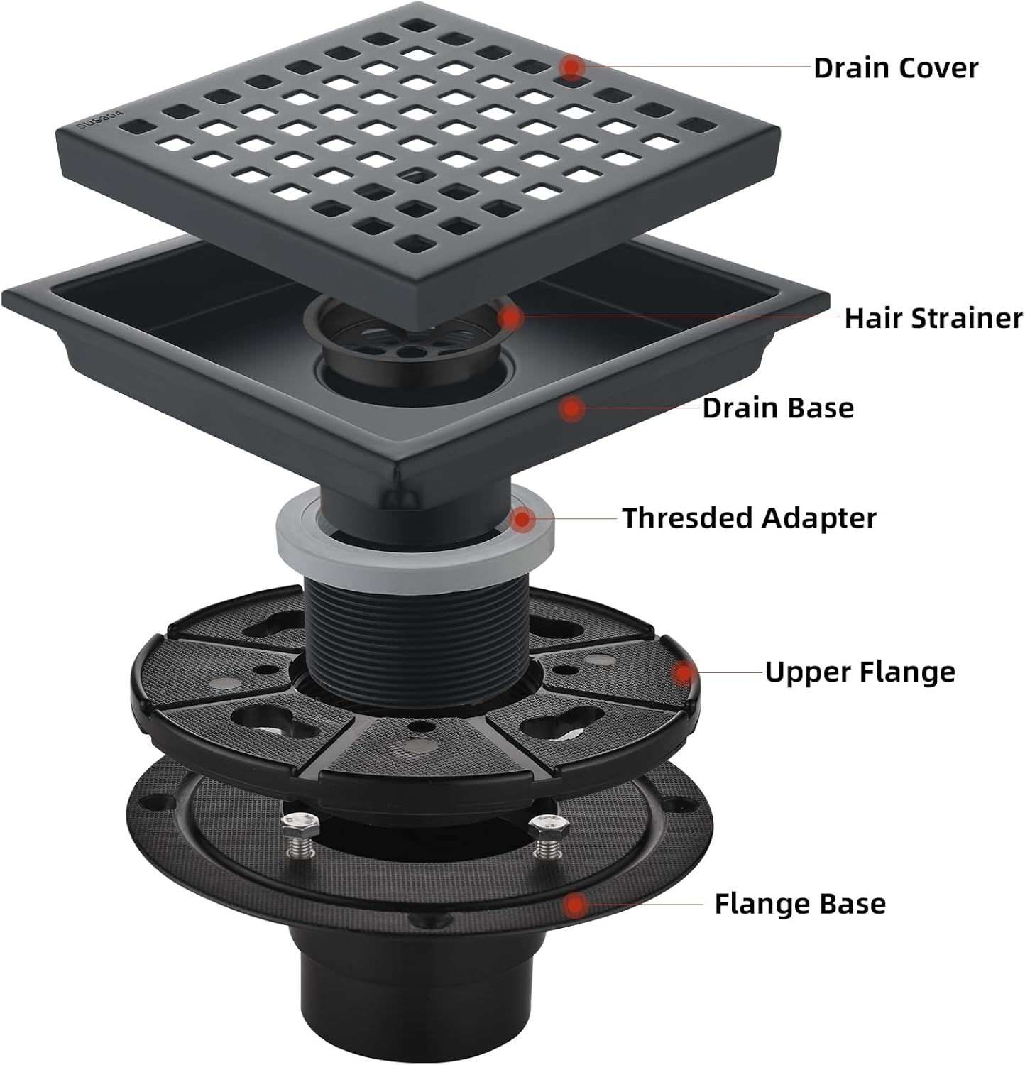 6 Inch Square Shower Drain with Hair Strainer and Flange